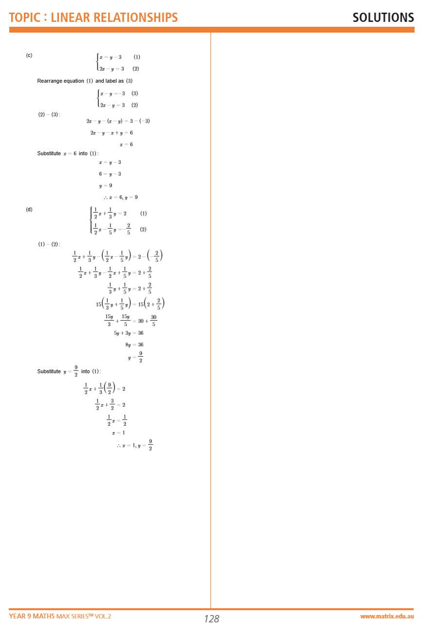 Answers from the Year 9 MAX Series Vol. 2 Simultaneous Equations