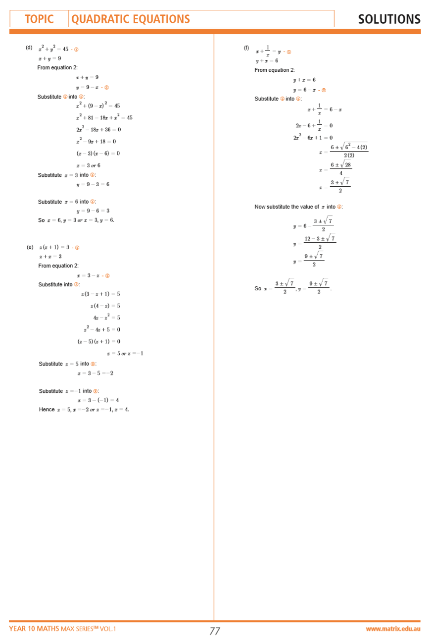 Solutions from the Year 10 MAX Series Vol. 1 Quadratic Techniques