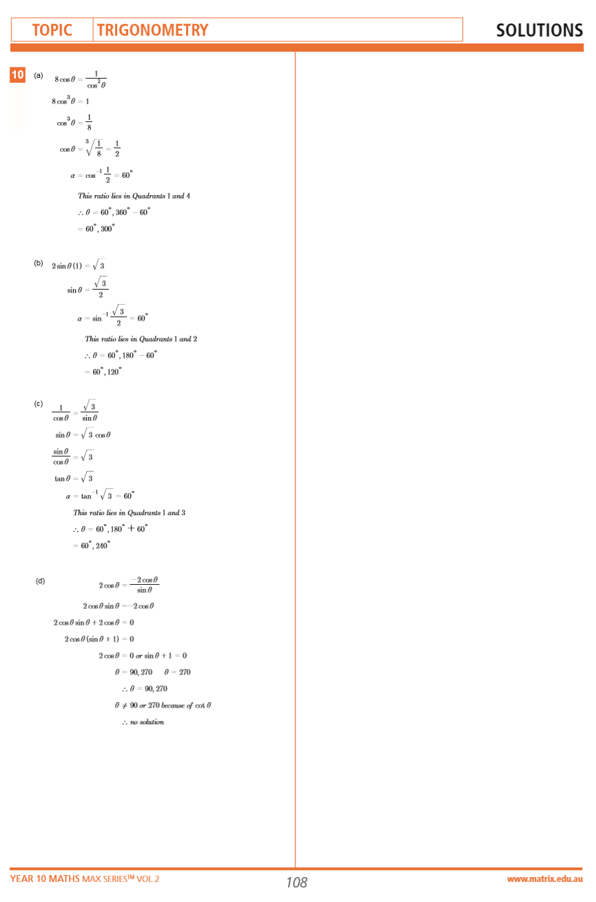 Solutions from the Year 10 MAX Series Vol. 2 Trigonometry