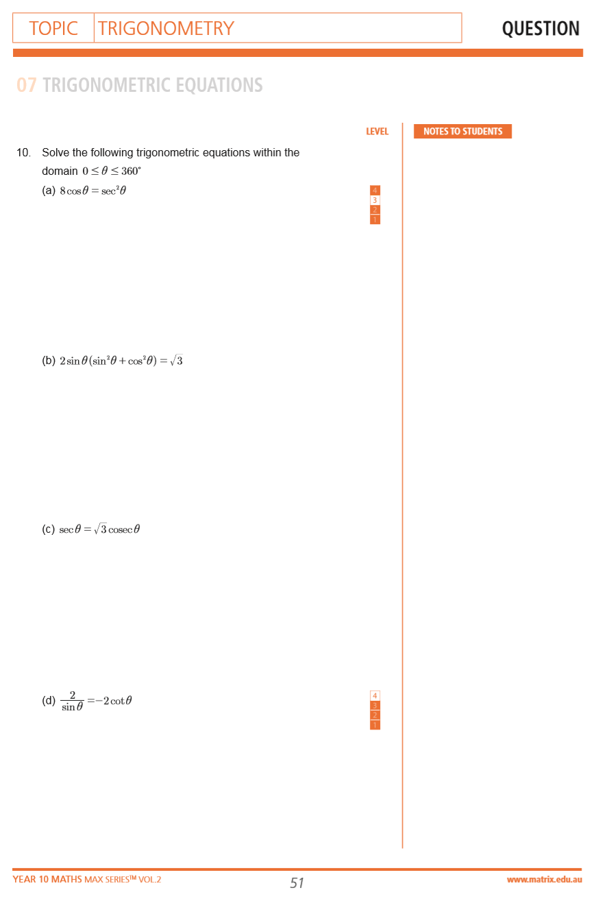 Questions from the Year 10 MAX Series Vol. 2 Trigonometry