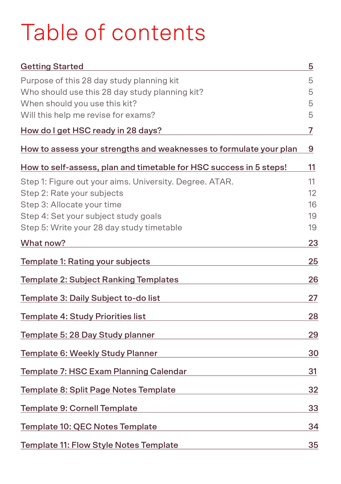 Sample page of 28 Day HSC Study Planning Kit