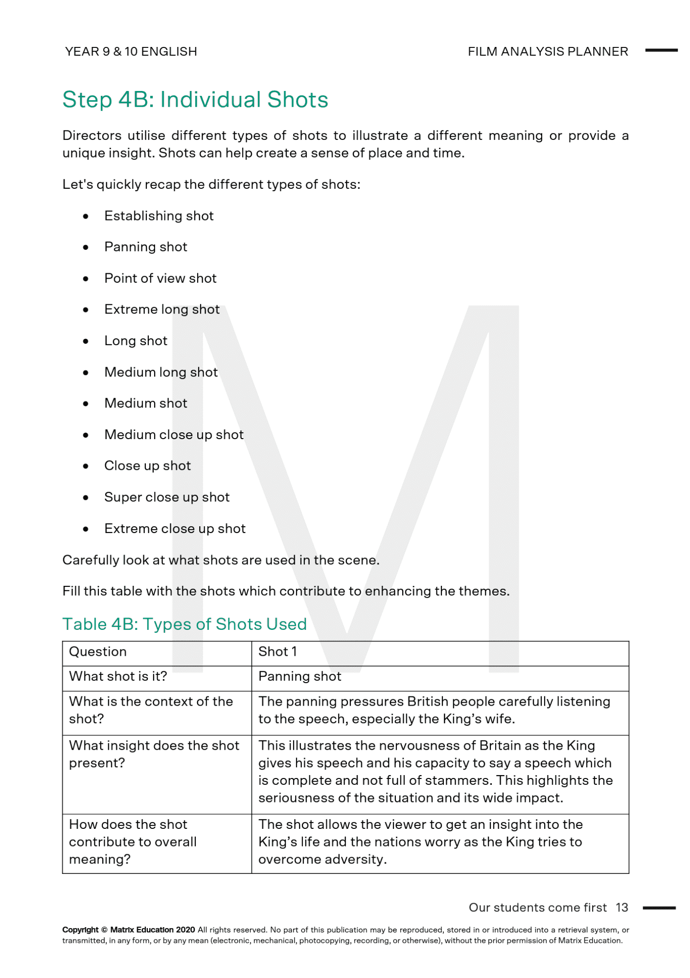 Sample page of Film analysis planner