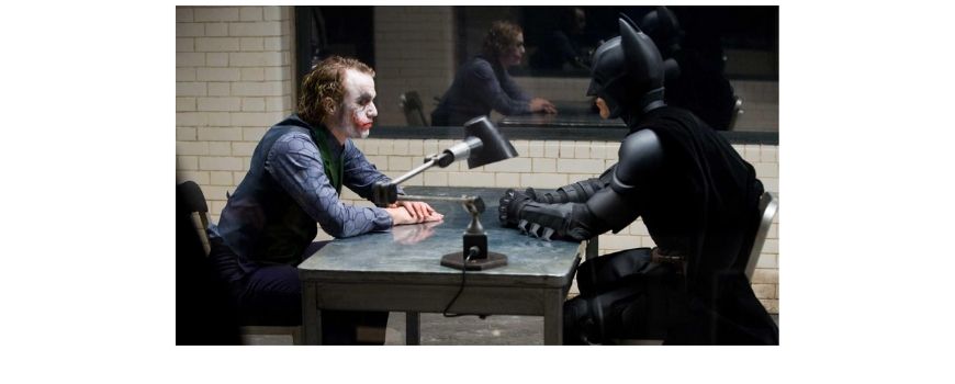 film symbolism in the dark knight. Shot from prison interview scene with the joker.