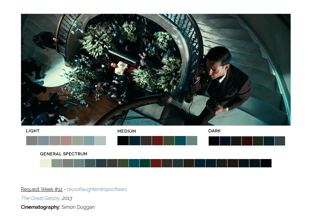 ultimate film techniques list screenshot of great gatsby featuring a colour swatch