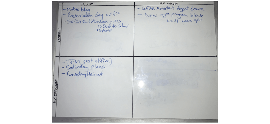 A picture of Eric's Eisenhower Matrix - how hunger for success can drive you to ace your hsc