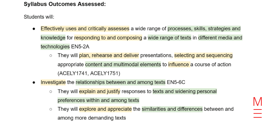 year 9 and 10 how to read your assessment notifications - assessment notification-english syllabus outcomes with highlighted keywords