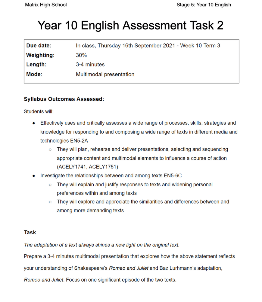 year 9 and 10 how to use an assessment notification to ace your assessment task - full year 10 english assessment notification for multimodal task