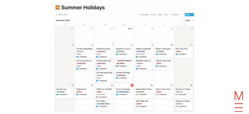 Jake's holiday timetable