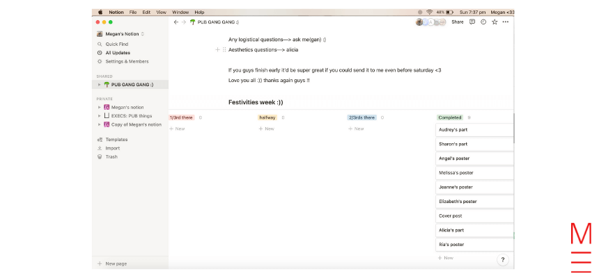 image of Megan's notion for planning and organising events