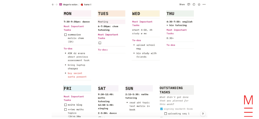 Megan’s High School Hacks How I Bought back Time With Extracurriculars And Hobbies Notion Weekly To-DO