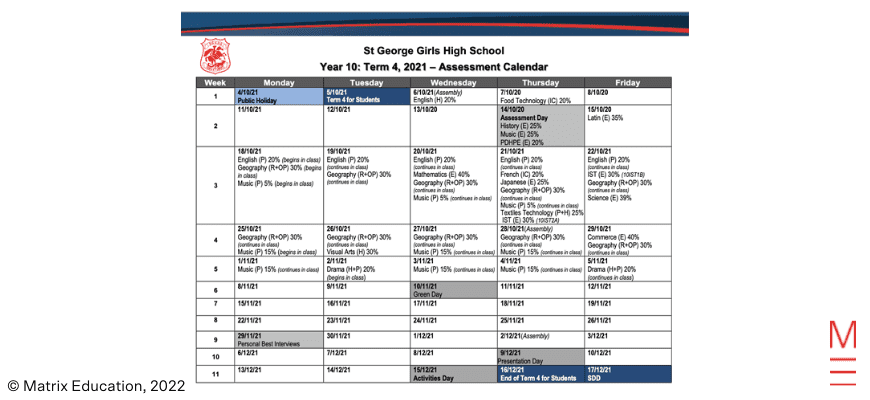 matrix education Afrina's Hacks: How I Take The Stress Out Of Exam Prep - Term calendar assessment