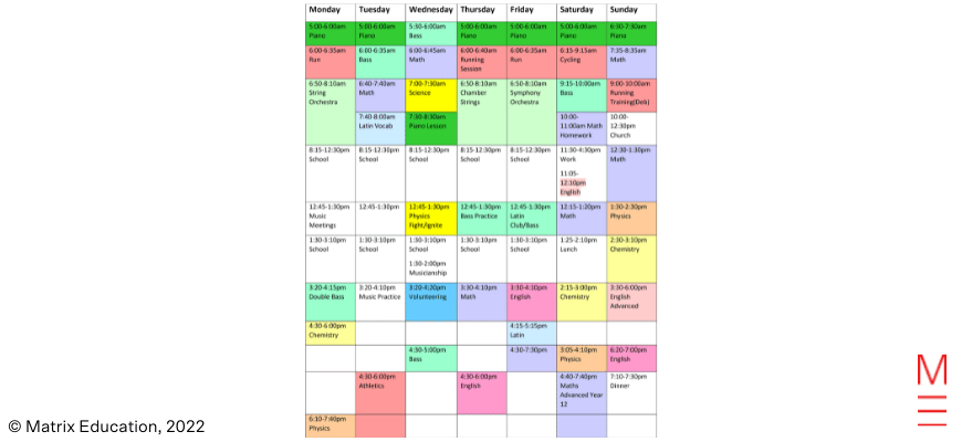 Caitlyn Tan's timetable with all her study and extracurricular activities