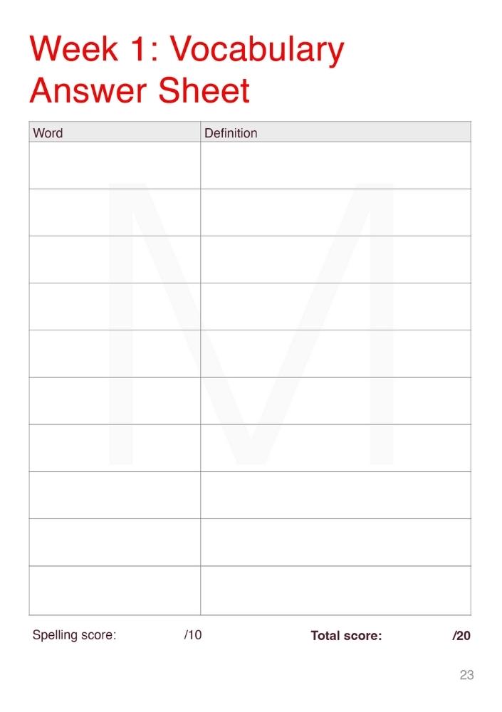 Year 3 Vocab Worksheets sample answer sheet