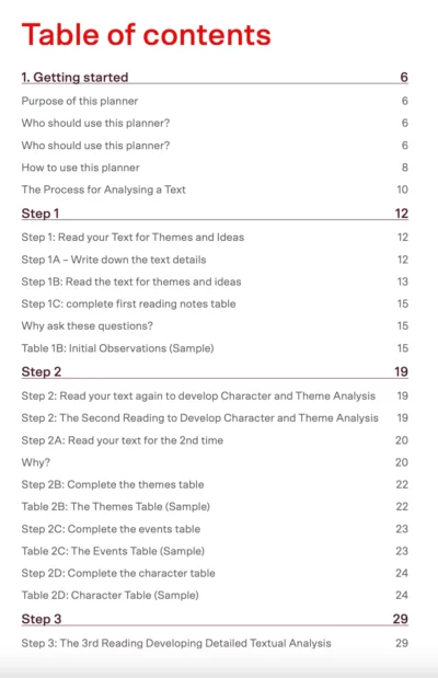 matrix education 'textual analysis planner' sample contents