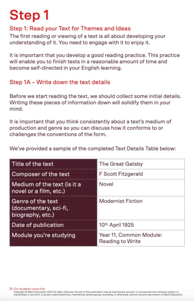 matrix education 'textual analysis planner' sample page