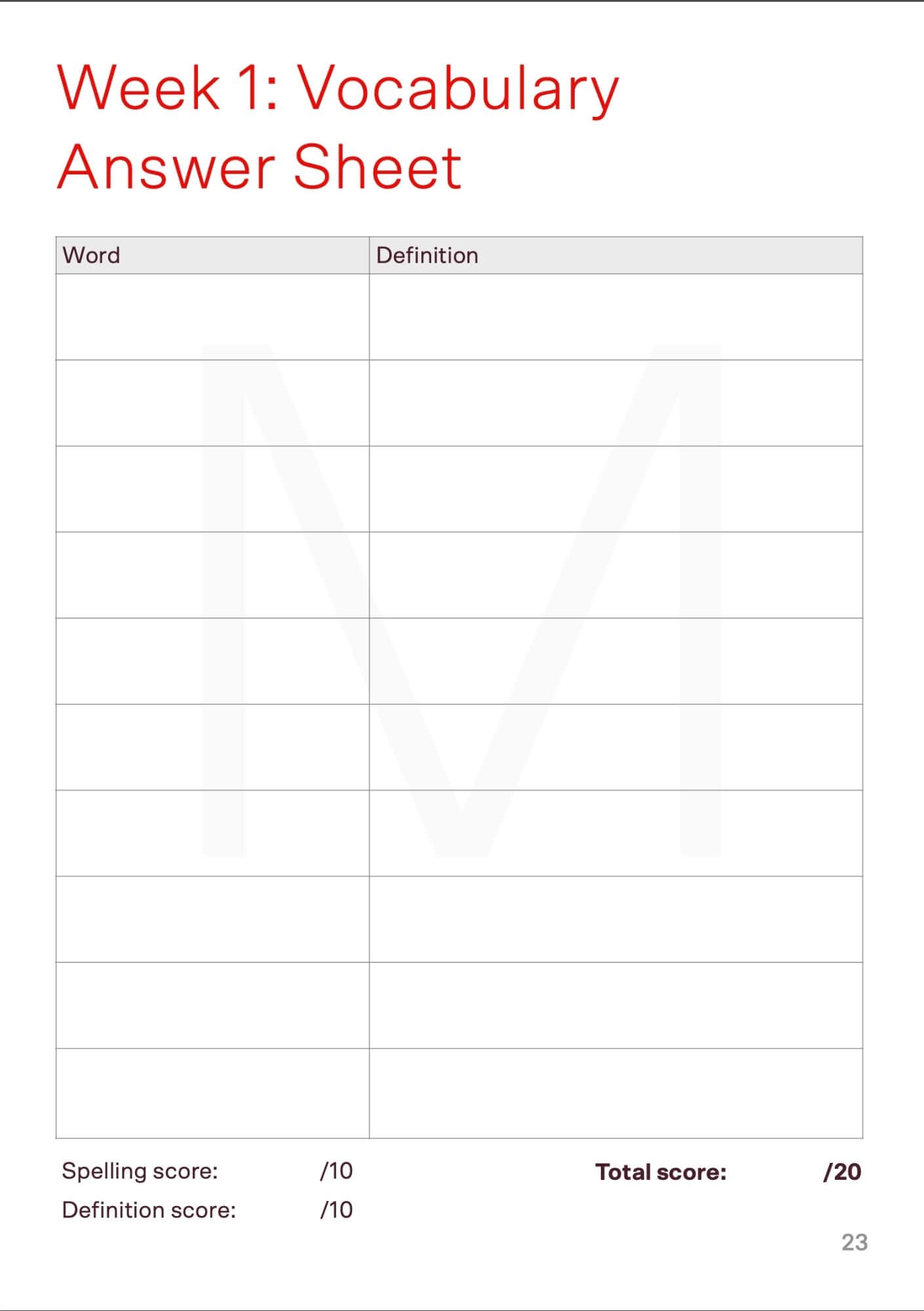 Year 4 vocabulary worksheets sample pages answer sheet