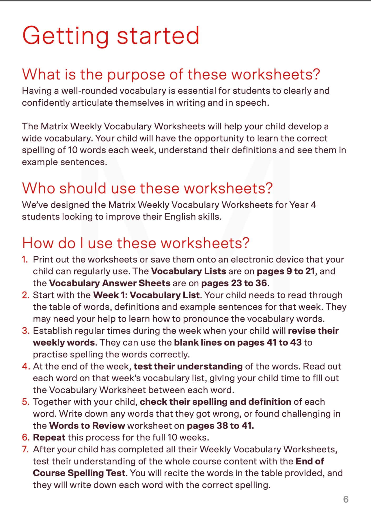 Year 4 vocabulary worksheets sample pages instructions