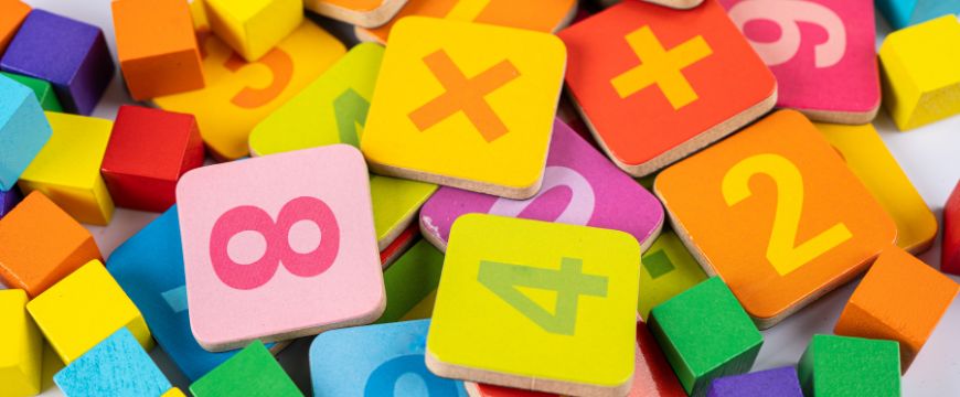 matrix education small tiles for fun with operation signs, numbers and basic shapes
