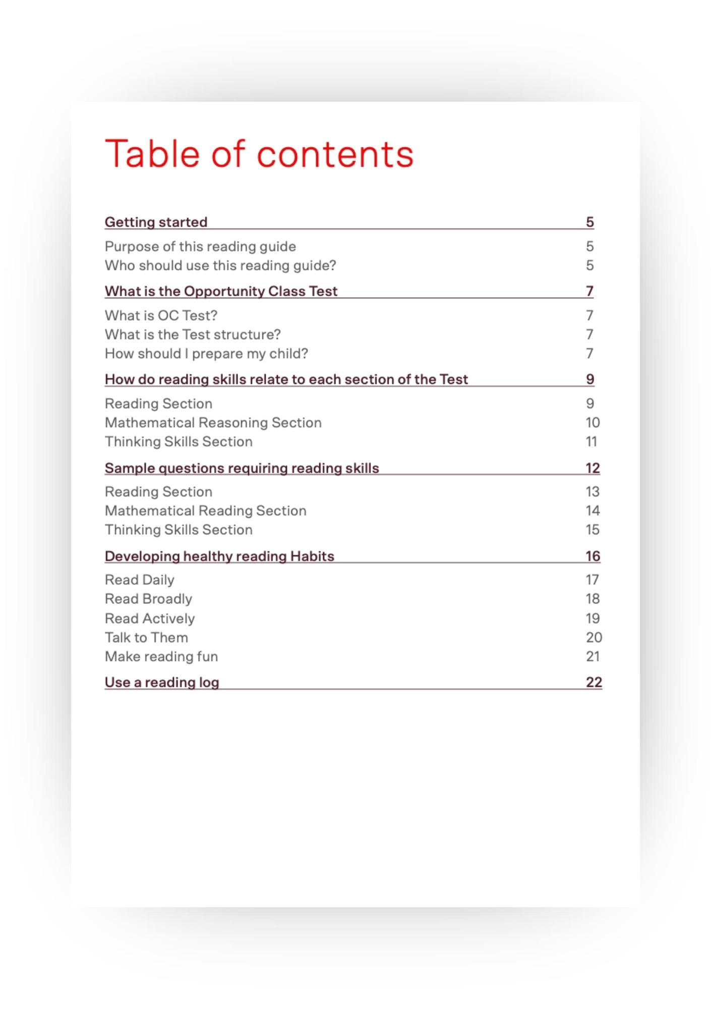 reading skills guide table of content