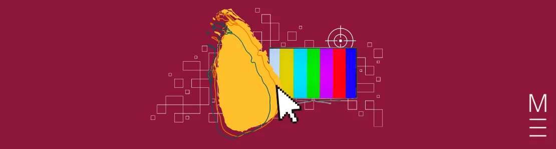 Map of Sri Lanka with a TV displaying vertical coloured lines, cross hair and checked pattern background