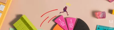 Student jumping over fraction pieces and math tools, symbolising progress and engagement in learning math skills