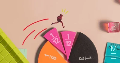 Student jumping over fraction pieces and math tools, symbolising progress and engagement in learning math skills