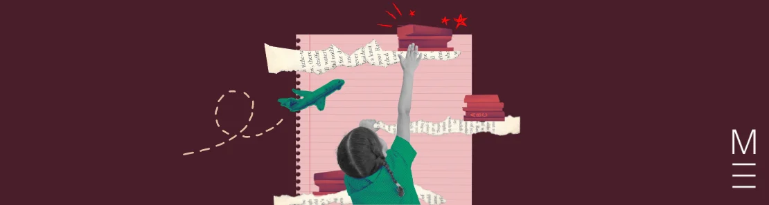 matrix education Child reaching for a stack of books on a notebook background with airplane and stars, symbolizing growth and potential.