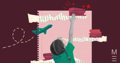 Child reaching for a stack of books on a notebook background with airplane and stars, symbolizing growth and potential.