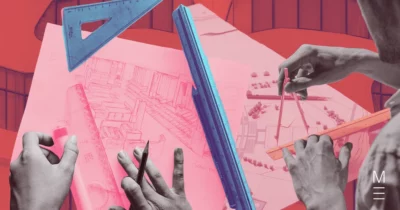 Hands drawing architectural plans with a ruler, compass, and set square