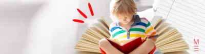matrix education Child sitting cross-legged, reading a book with a background of open pages and notebook lines, symbolising focus and learning.