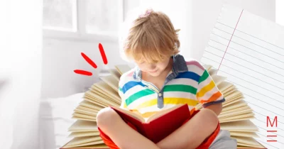 Child sitting cross-legged, reading a book with a background of open pages and notebook lines, symbolising focus and learning.