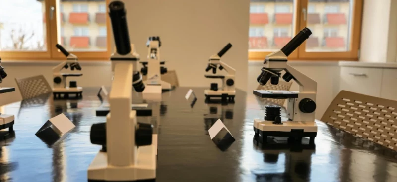 A classroom with microscopes neatly arranged on a lab table.