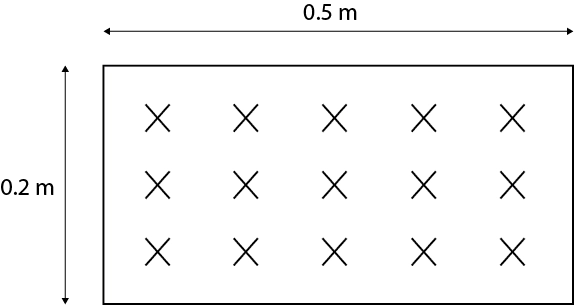 matrix education A rectangular loop is shown placed inside a uniform magnetic field. The field lines, perpendicular to the loop, point into the page. Dimensions of the loop are labelled as 0.2 m (height) and 0.5 m (width).