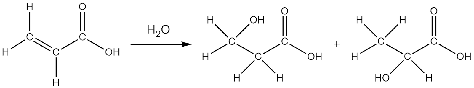 molecular structures of reactants and products in an organic reaction, with water as a byproduct
