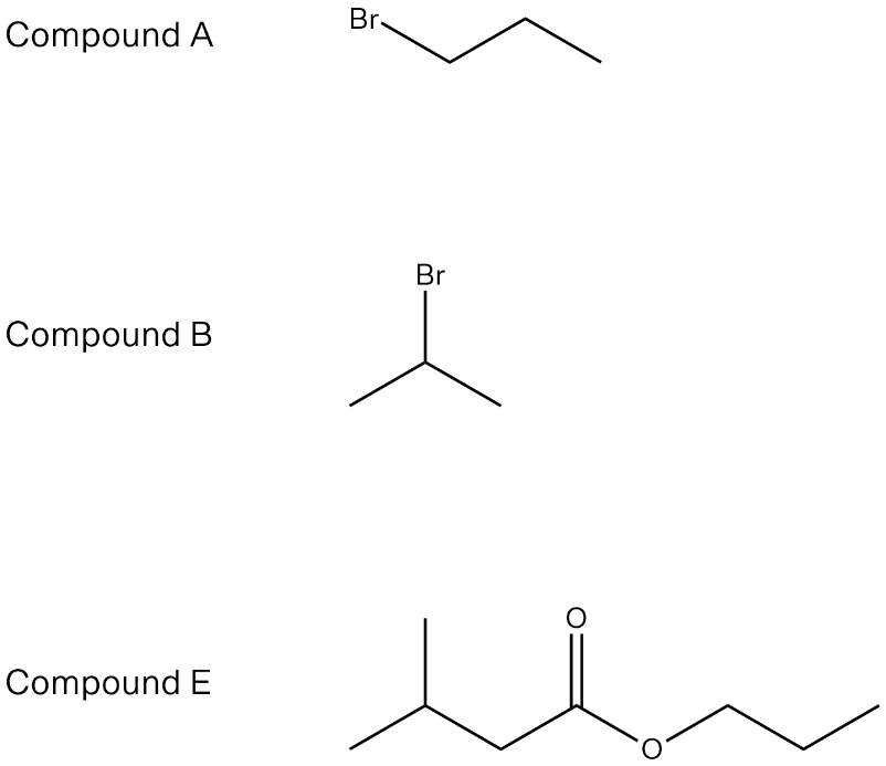 diagrams of Compounds A, B, and E, each showing arrangements of carbon, hydrogen, and bromine atoms