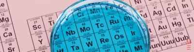matrix education Close-up of the periodic table viewed through a blue-tinted Petri dish