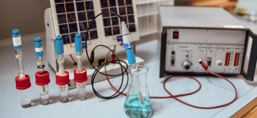 matrix education Chemistry lab setup with probes, equipment, and a beaker containing blue liquid