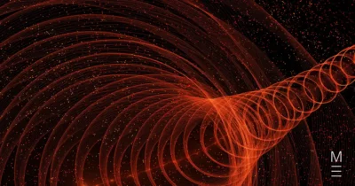 Abstract red spiral wave pattern on a dark background, representing a physics concept or energy flow