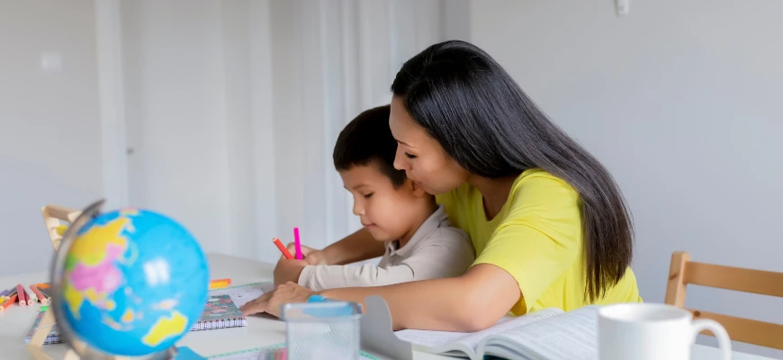 matrix education Mother helping her young child with homework at a table