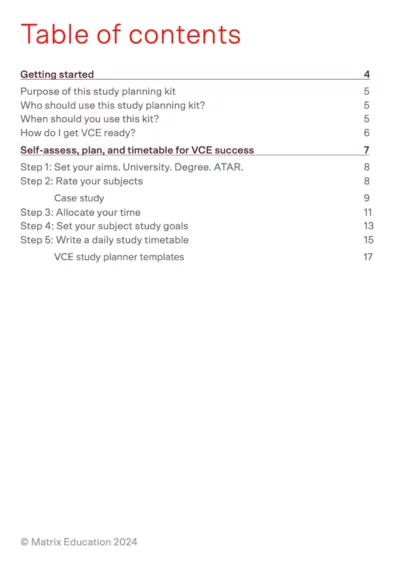 Table of Contents for the study planning kit