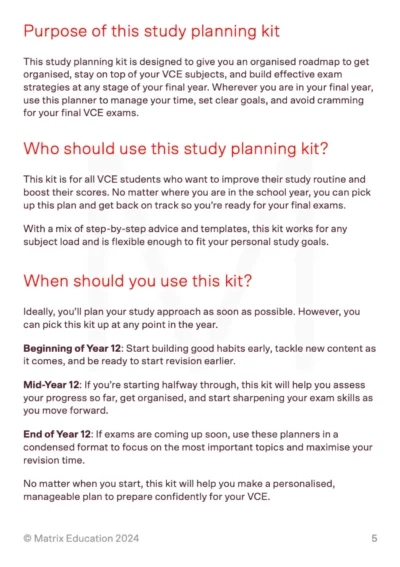 Sample page: Purpose, target audience, and recommended usage for the study planning kit