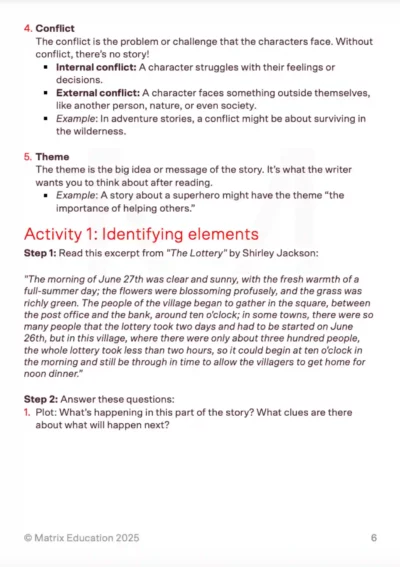 Sample page with an activity using an excerpt from 'The Lottery' by Shirley Jackson.