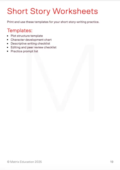sample page of 'short story writing guide' showing all the templates included