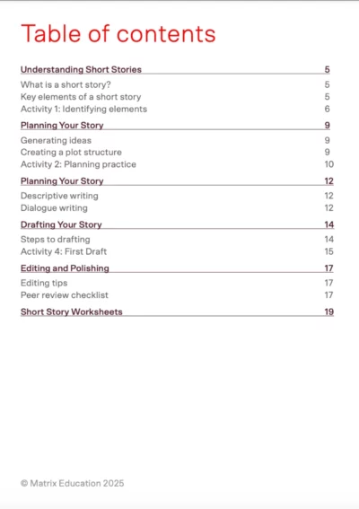 table of contents for the writing guide