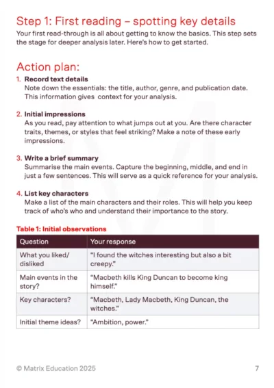 Step 1 guide with action plan and example table for initial observations.