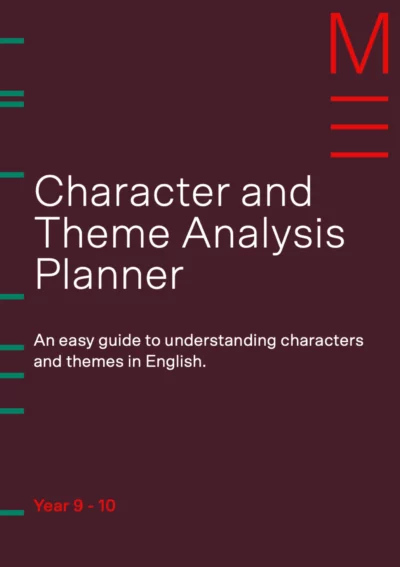 maroon book cover titled 'character theme analysis and planner'