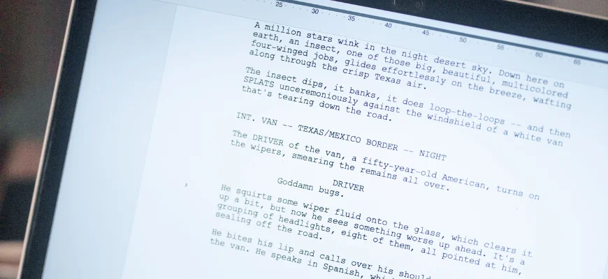 A laptop screen showing a short story script.