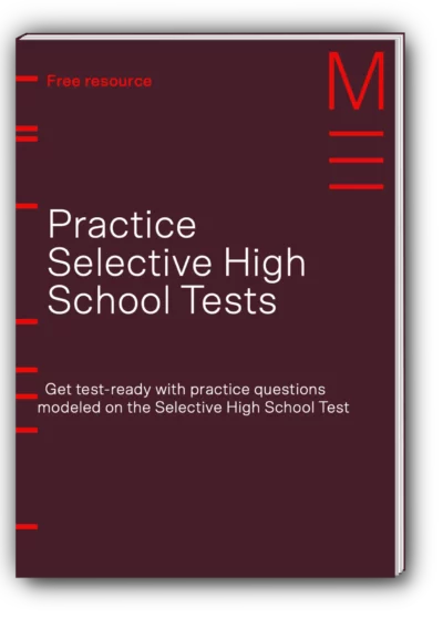 maroon book cover titled 'practice selective high school tests'
