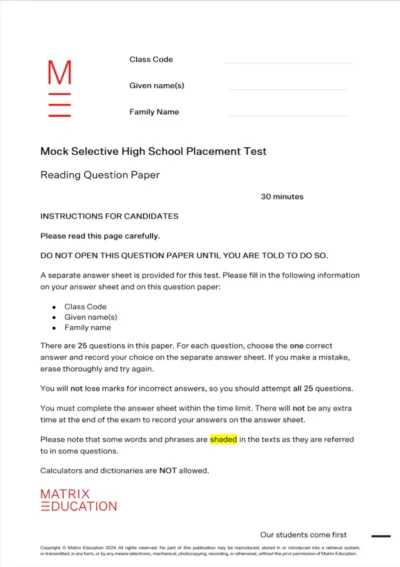sample cover page of selective test reading paper