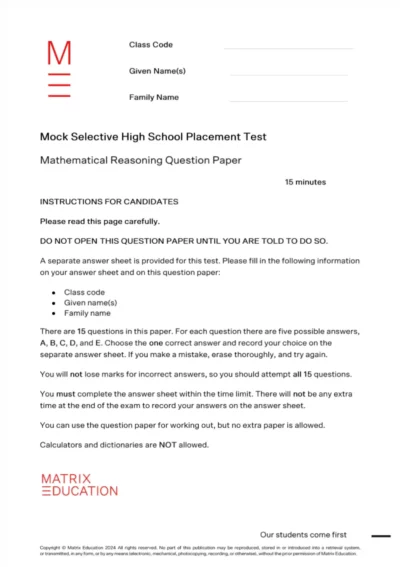 sample cover page of selective test maths paper